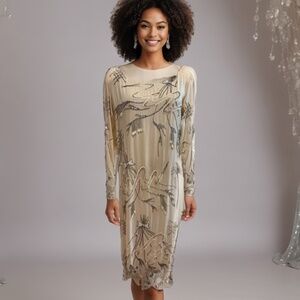 80s ARGENTI SILK TRANSLUCENT MIDI DRESS SPARKLING MOVEMENT W SEQUINS & BEADS 8